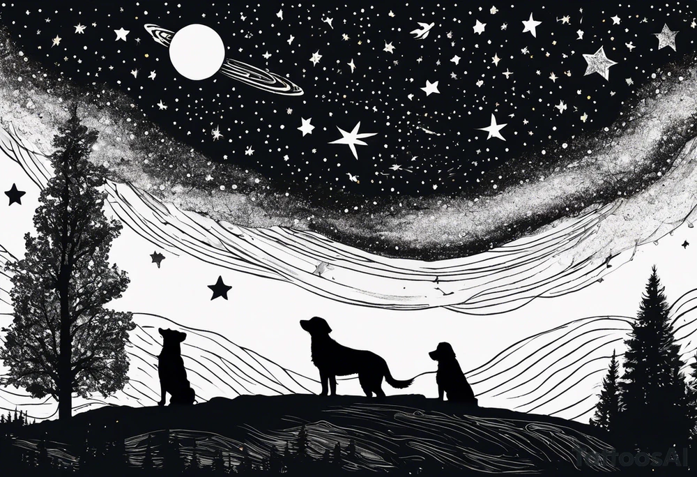 Me and my 3 dogs as silhouettes looking up at a night sky with galaxies comets and other space elements in the style of Van Gogh Starry Night. Must fit on an upper arm. tattoo idea