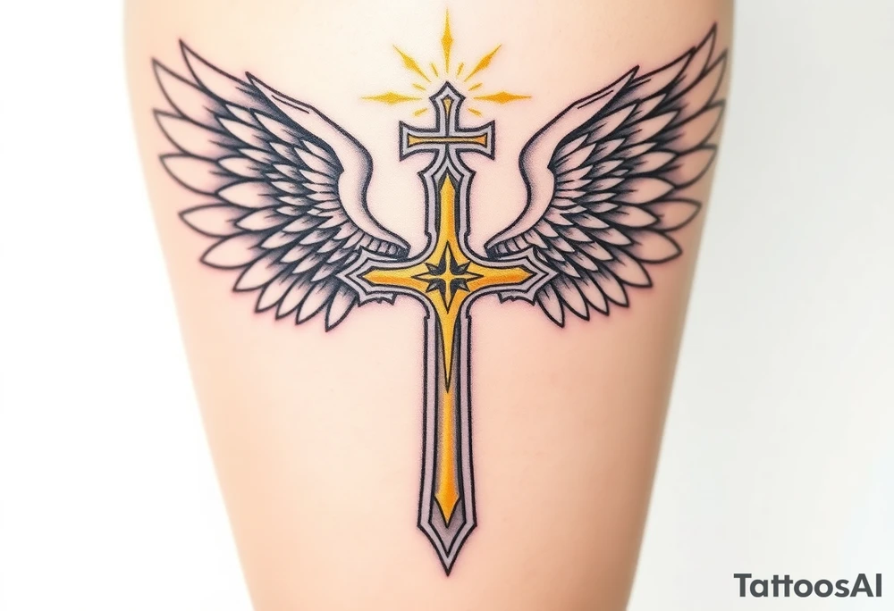 A white and gold Templar cross with angel wings, glowing with divine light tattoo idea