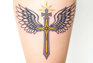 A white and gold Templar cross with angel wings, glowing with divine light tattoo idea