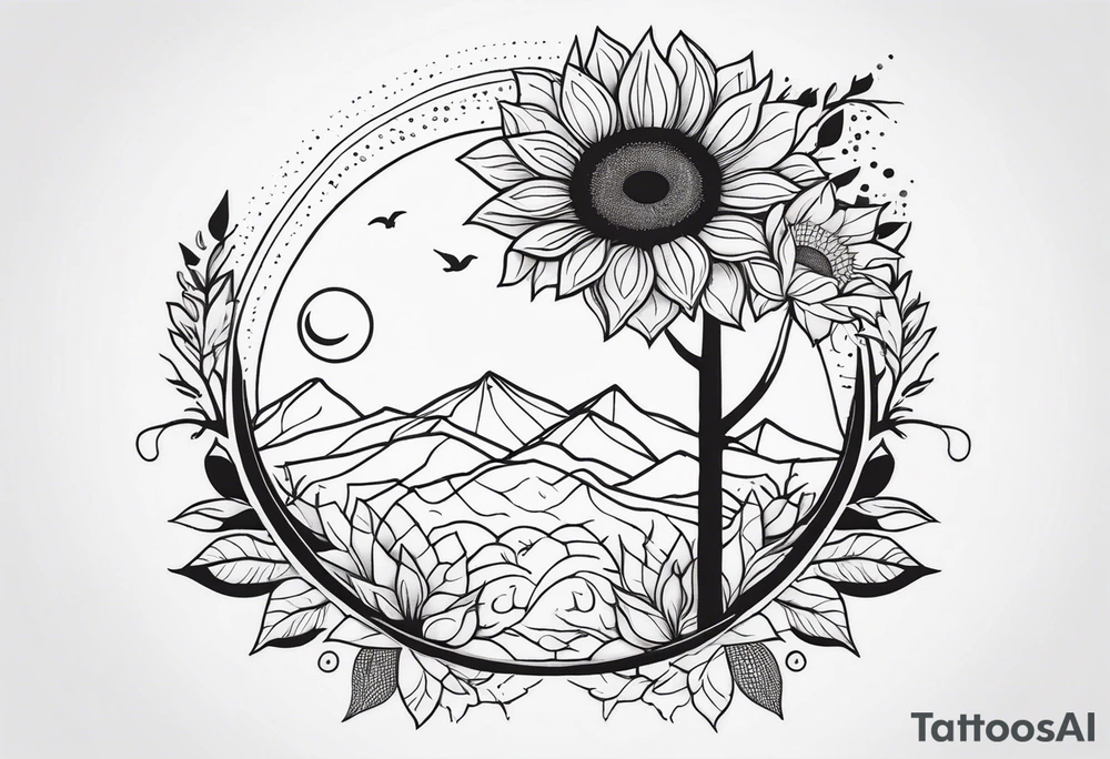 A minimalist tattoo design featuring a vertical composition. At the center is a large, abstract sunflower with intricate dotted shading and clean lines. A delicate tree with bare branches grows from the top of the sunflower, while flowing leaves emerge from the bottom. Surrounding the sunflower are abstract elements like small geometric shapes, mountains in the background, a few birds, and a crescent moon, all positioned in a visually balanced way. There’s a circular solar element near the sunflower, with rays extending outward. The entire design is made up of fine lines, dot work, and subtle shading, creating a harmonious mix of nature and geometric abstraction. It’s a detailed sketch with organic flow, precision, and a blend of cosmic and natural motifs tattoo idea