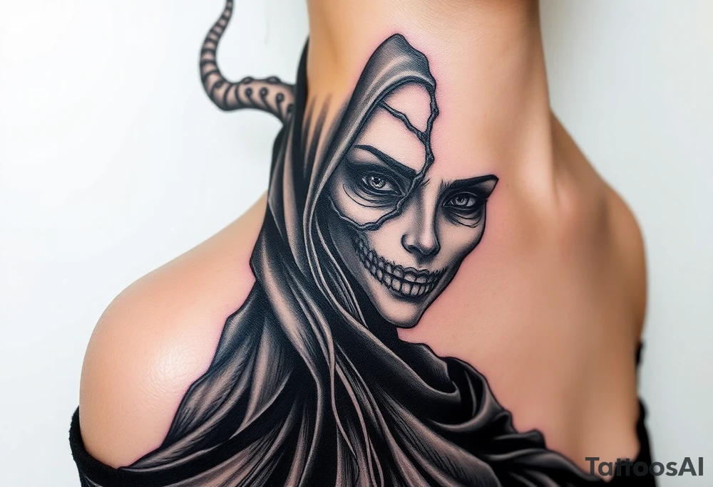 A chilling Hel, the half-dead Norse goddess of the underworld, her face split between lifelike beauty and skeletal darkness, draped in a tattered black cloak tattoo idea