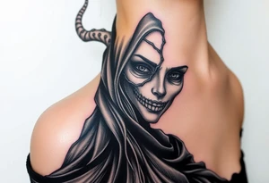 A chilling Hel, the half-dead Norse goddess of the underworld, her face split between lifelike beauty and skeletal darkness, draped in a tattered black cloak tattoo idea