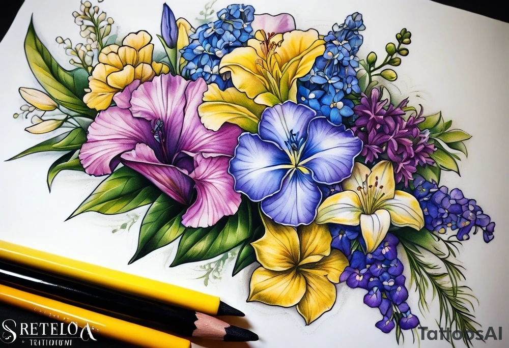 Bouquet tattoo tied with a ribbon With the following flowers on forearm. 
Carnations
Lilly’s 
Larkspur 
Morning glory 
Iris 
Yellow cedar
Yellow elder 
Forget me not 
Purple violets 
Lingum vitae 
Dogwood flower tattoo idea