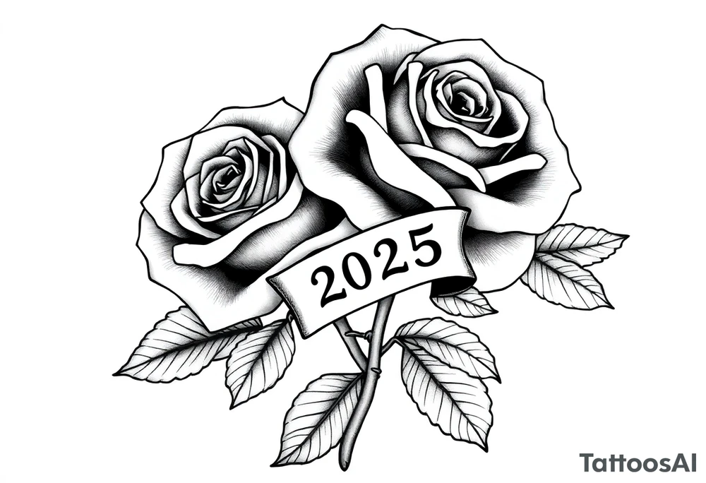 two big beautiful roses with leaves and with their stems intertwined, with a small banner with the year "2025" on it, tying them together.  Add the following words written in Kanji above the drawing "薔薇" tattoo idea