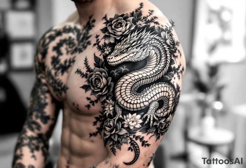 powerful majestic reptile, surrounded by floral ornaments tattoo idea