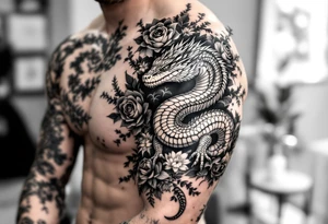 powerful majestic reptile, surrounded by floral ornaments tattoo idea