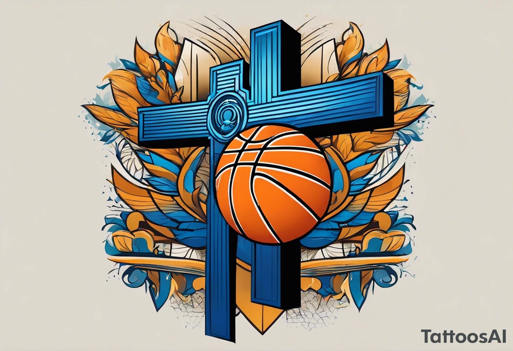 stylized silhouette of a basketball with the cross incorporated into the design? You could have the basketball acting as the base of the cross, and the cross itself could be adorned with elements representing Grand Rapids, Michigan. For example, you could include the iconic Blue Bridge that spans the Grand River tattoo idea