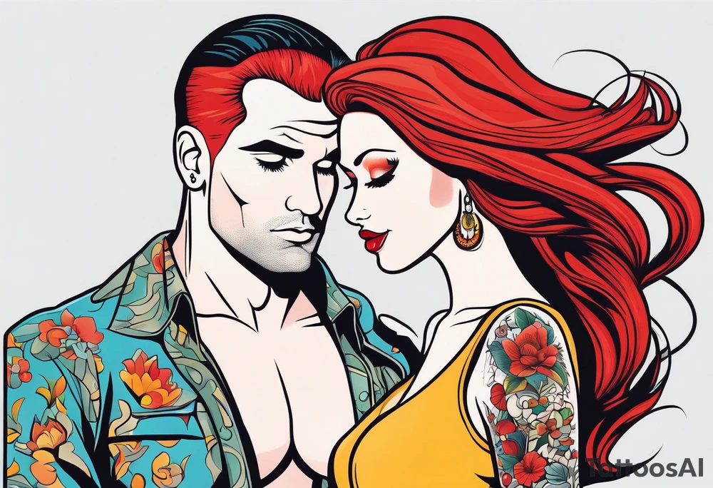 Busty Red haired woman with tall black haired man tattoo idea