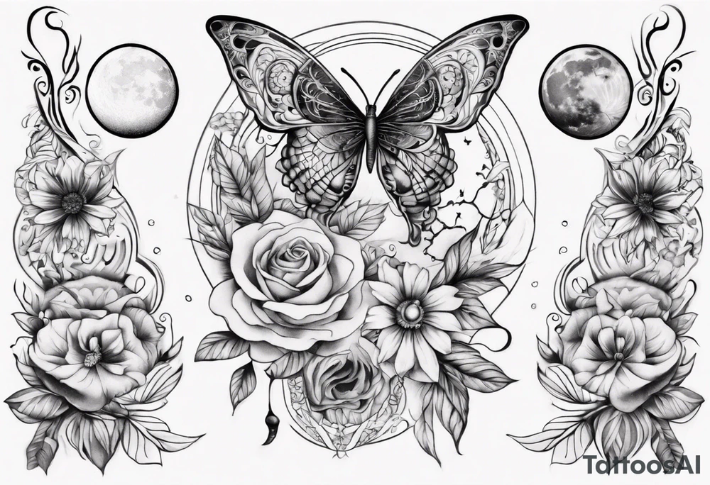 Thigh tattoo with floral and butterflies and moon. Show on thigh tattoo idea
