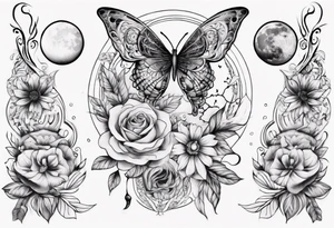 Thigh tattoo with floral and butterflies and moon. Show on thigh tattoo idea