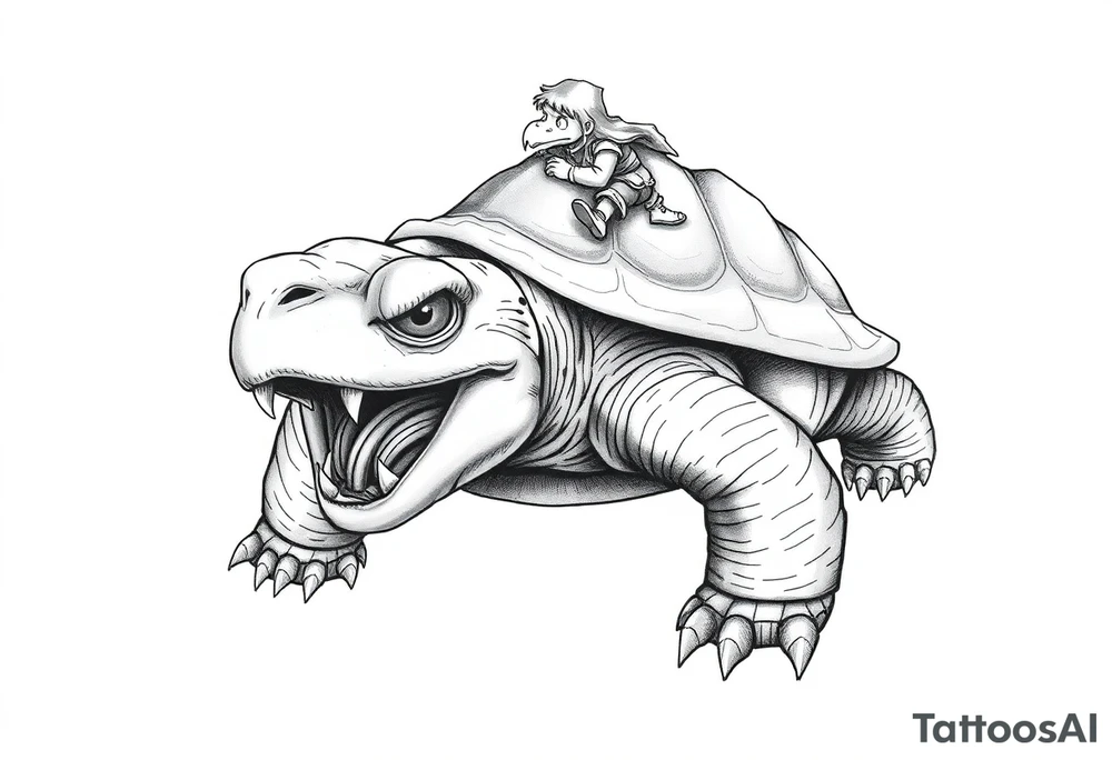 powerful and angry turtle with huge teeth and a tiny hobbit like person riding on the back tattoo idea