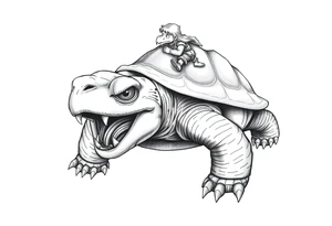 powerful and angry turtle with huge teeth and a tiny hobbit like person riding on the back tattoo idea