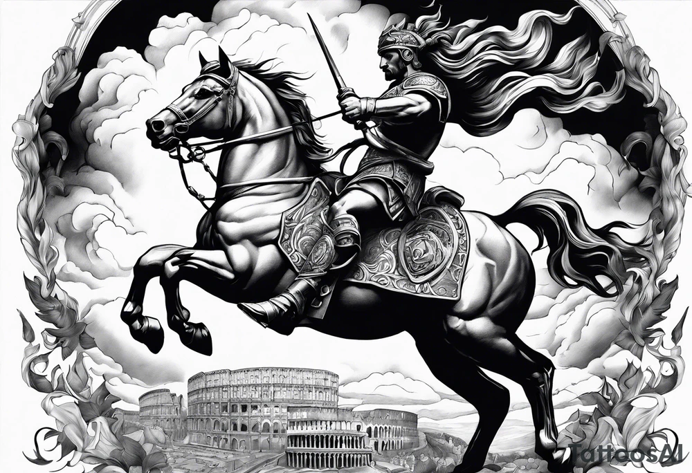 rome, fight, gods, mytology, fire, hourses, clouds realisctic tattoo idea