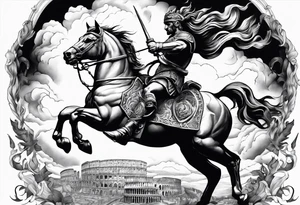 rome, fight, gods, mytology, fire, hourses, clouds realisctic tattoo idea