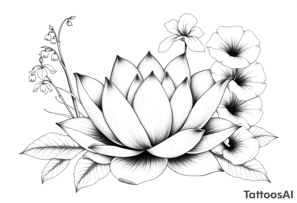 Lotus surrounded by Lilly of the valley on left side iris above and morning glory flowers to the right. tattoo idea