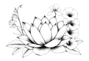 Lotus surrounded by Lilly of the valley on left side iris above and morning glory flowers to the right. tattoo idea