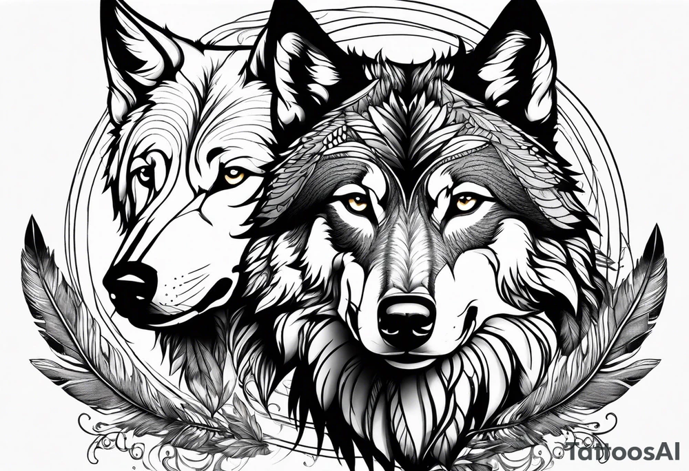 indian, wolf, feathers, water, nature tattoo idea