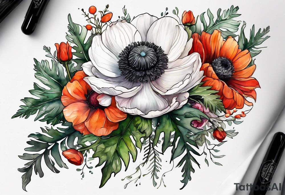 a white anemone with black center with thistles, ferns, ranuculus, sun flowers, red flowers, ping flowers, orange flowers, flowers all in watercolor tattoo idea