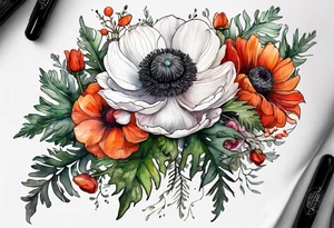 a white anemone with black center with thistles, ferns, ranuculus, sun flowers, red flowers, ping flowers, orange flowers, flowers all in watercolor tattoo idea