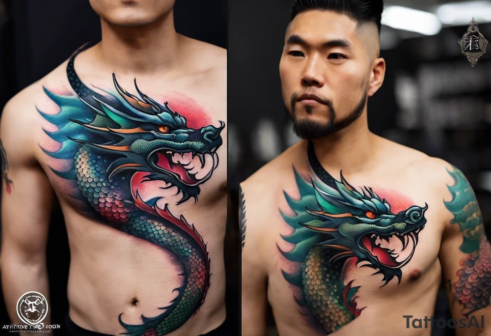 An epic floating asian dragon. Its long body coiling dynamically, with scales and horns detailed to create a sense of movement and strength. The dragon's color is giving a vibrant depth and a mystical aura. This tattoo highlights the dragon’s fierce expression and sharp claws. tattoo idea
