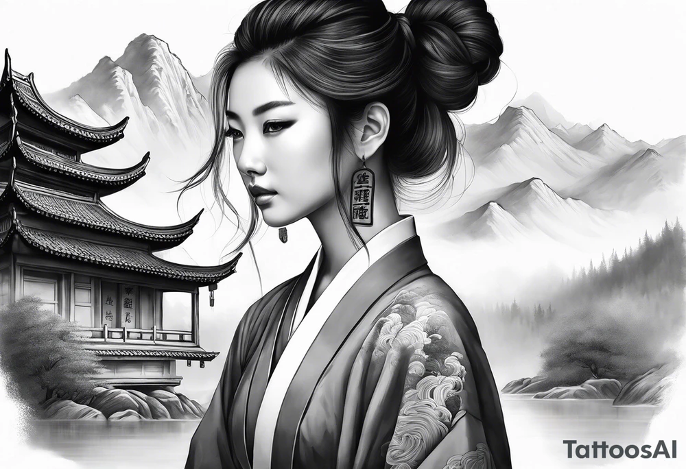 forearm sleeve traditional chinese art painting style autumn mountains mist fog water Chinese temple female with pony tail wearing robes meditating tattoo idea
