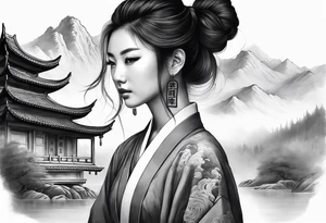 forearm sleeve traditional chinese art painting style autumn mountains mist fog water Chinese temple female with pony tail wearing robes meditating tattoo idea