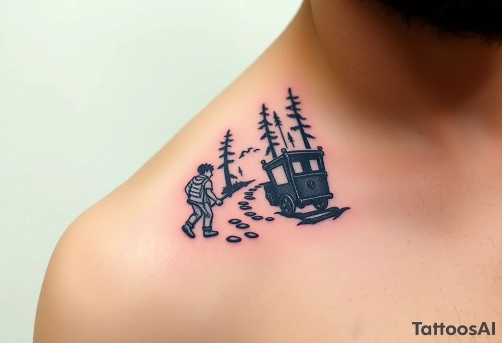 A boy walking up a forest path, DnD inspired, broken down carriage, tavern, glowing tunnel tattoo idea