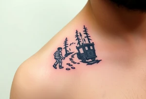 A boy walking up a forest path, DnD inspired, broken down carriage, tavern, glowing tunnel tattoo idea