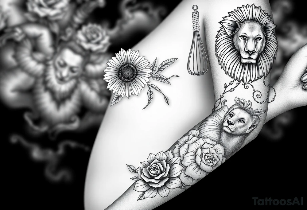 Storm, darkness, , fat naked woman, peacock, dead sunflower and rosesflowers, razor blades, noose, couple having sex , cupcake ,cigerettes storm clouds coins, mirror, lamb, lion tattoo idea