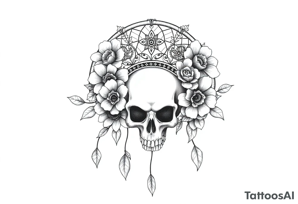 Mandala dream catcher with detailed beautiful gothic boho flowers on vine and skull with gorgeous crown tattoo idea