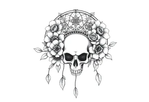 Mandala dream catcher with detailed beautiful gothic boho flowers on vine and skull with gorgeous crown tattoo idea