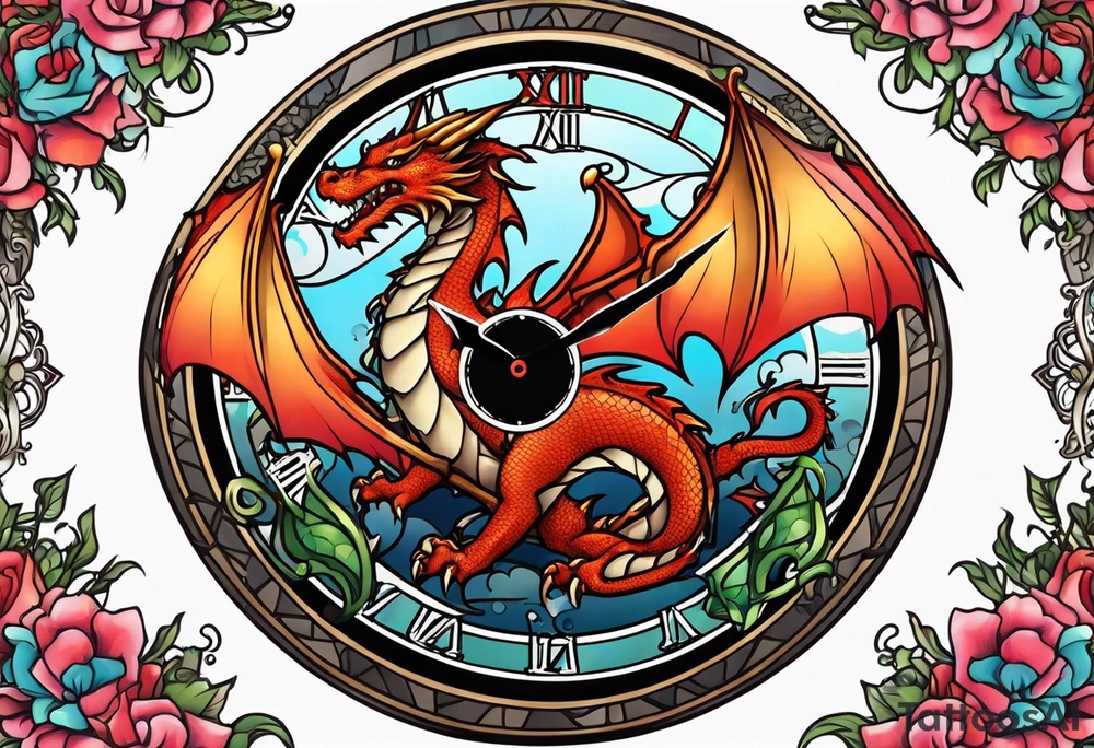 Dragon kawaii , clock, cross tattoo idea