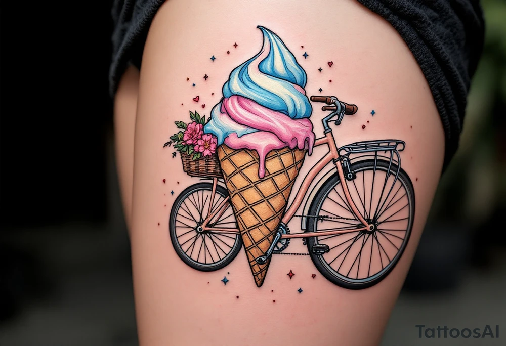 A bicycle with a giant ice cream cone with pastel pinks, blues, and creamy whites, representing indulgence and happiness. tattoo idea