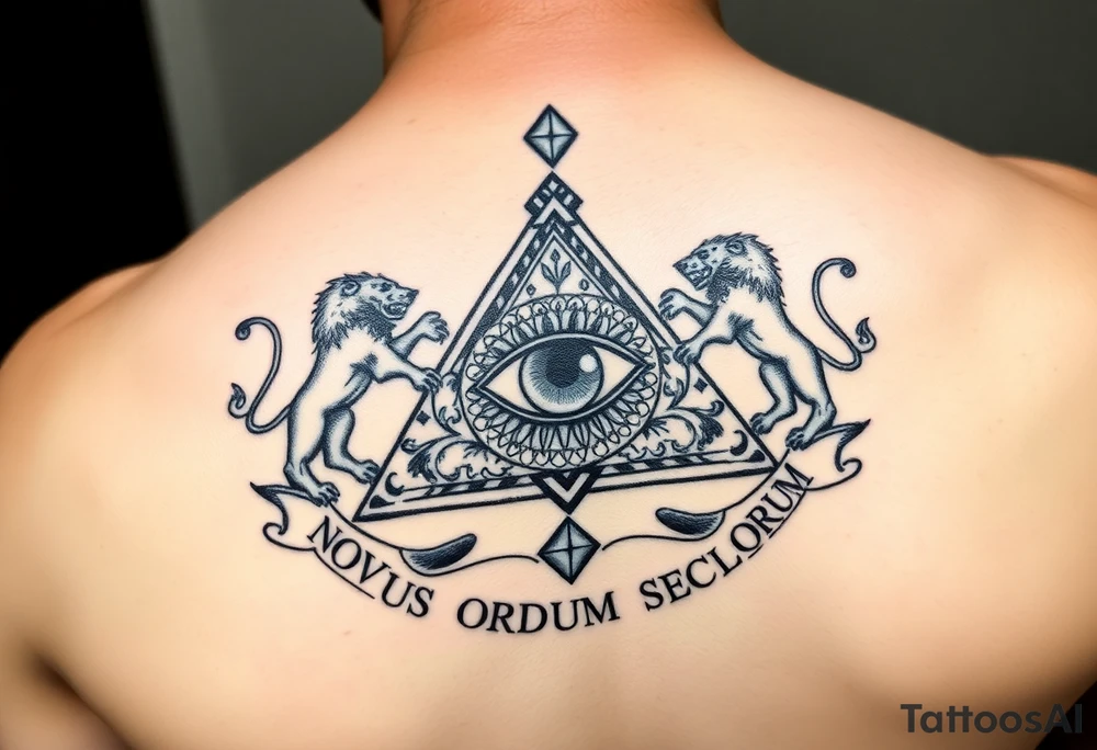 Pyramid with eye in the center, diamond on the top,lions on corners,surrounded by words - novus ordum seclorum tattoo idea