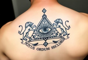 Pyramid with eye in the center, diamond on the top,lions on corners,surrounded by words - novus ordum seclorum tattoo idea