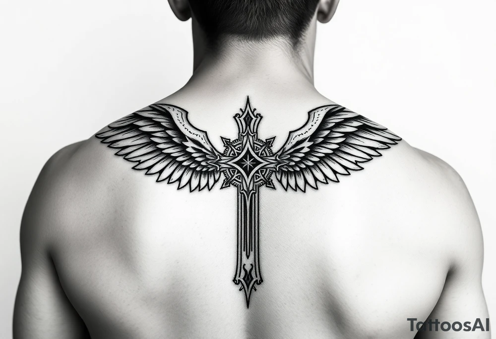 upper arm templar cross angel wings mystical tribal background tattoo idea