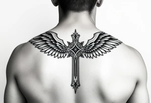 upper arm templar cross angel wings mystical tribal background tattoo idea