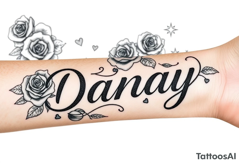 the name Danay, with a background with roses,hearts,sparkles, and other cool stuff that fills up the whole forearm tattoo idea