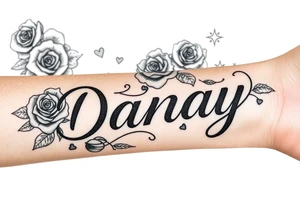 the name Danay, with a background with roses,hearts,sparkles, and other cool stuff that fills up the whole forearm tattoo idea