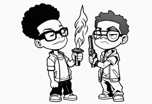 huey and riley from the boondocks, cartoon tv, huey holding a torch with his fist up and riley holding a gun tattoo idea