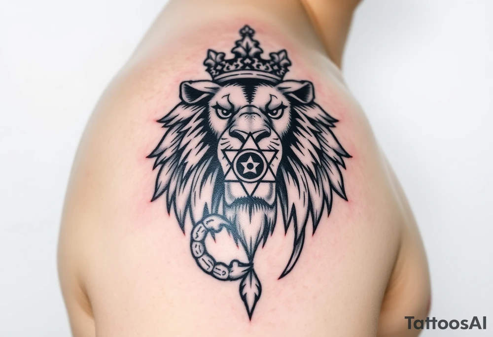 a powerful and majestic lion with a crown and in the middle of this crown a square is a freemason's compass, a realistic scorpion, tattoo idea
