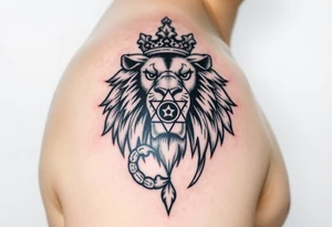 a powerful and majestic lion with a crown and in the middle of this crown a square is a freemason's compass, a realistic scorpion, tattoo idea