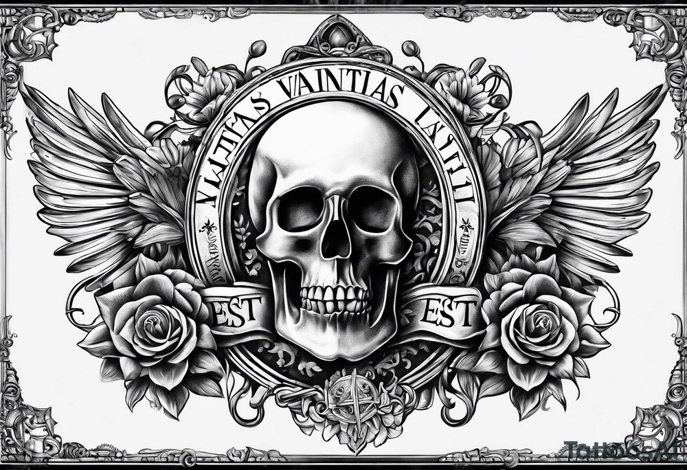 Script Latin that reads "Vectigal Vanitas est, utilitas Sanitas est, Nummus est Rex" tattoo idea