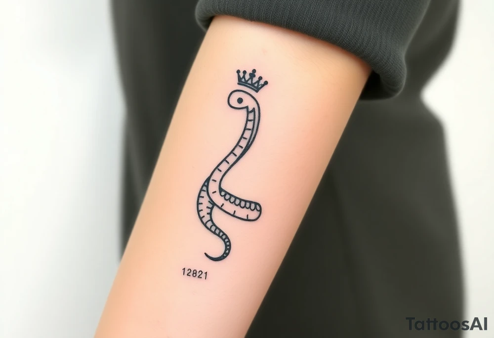 I want a small simple silhouette lines black and white wrist princess like girl snake tattoo that has number 12821 on its body along and also I want it to represent feminine energy crown queen Cycle tattoo idea