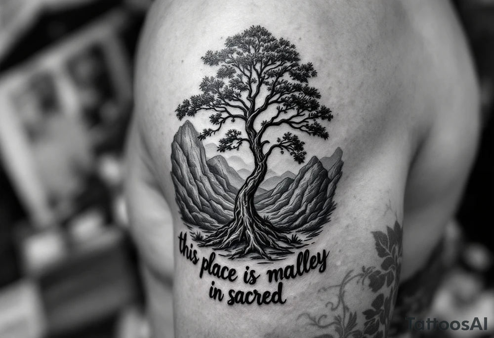 Hand written writing that says this place is sacred. There is also small breadfruit tree in the iao valley in maui tattoo idea