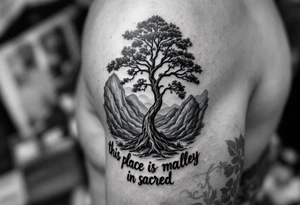 Hand written writing that says this place is sacred. There is also small breadfruit tree in the iao valley in maui tattoo idea