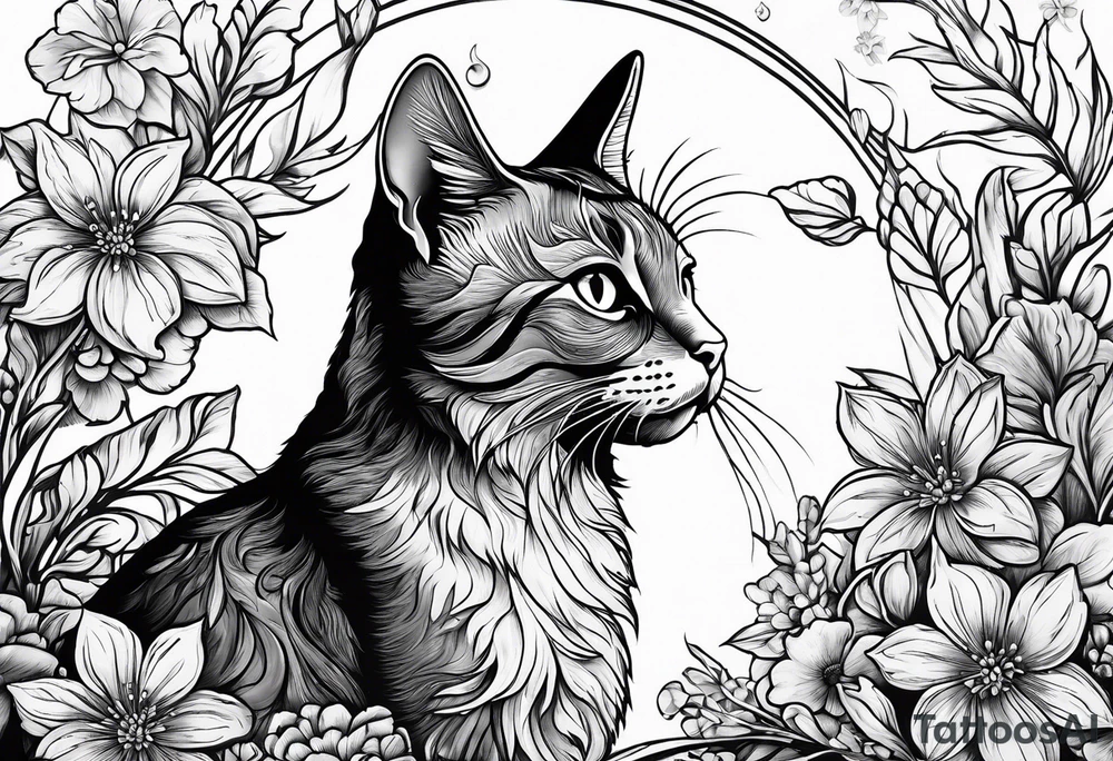 Cat looking up at a cardinal surrounded by flowers tattoo idea