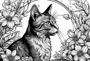 Cat looking up at a cardinal surrounded by flowers tattoo idea