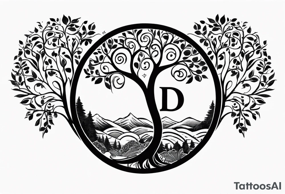 Circular tree of life with the letter D shown 3 times tattoo idea