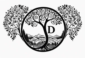 Circular tree of life with the letter D shown 3 times tattoo idea